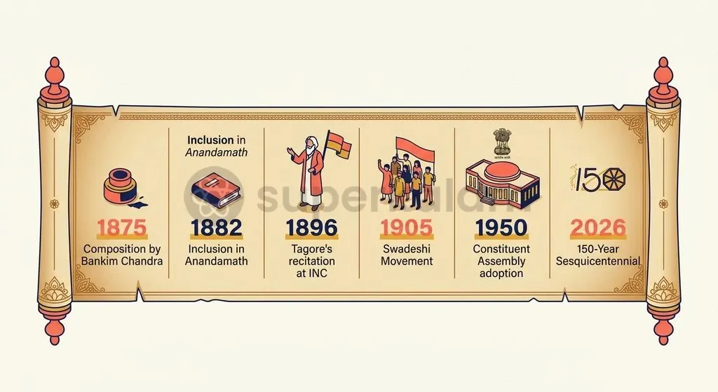 The historical trajectory of Vande Mataram across major freedom struggle milestones and constitutional developments.