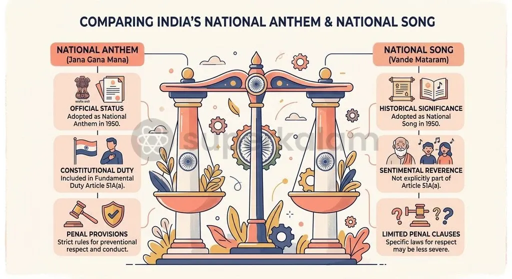 Constitutional and statutory comparison between Jana Gana Mana and Vande Mataram under Indian law.