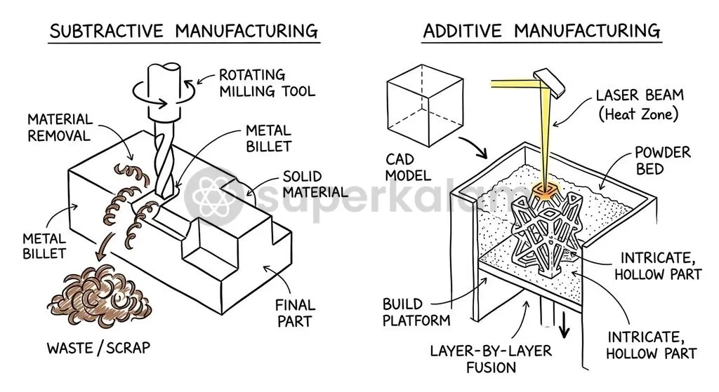 Subtractive methods machine away significant excess material, whereas additive manufacturing builds near-net-shape components directly from CAD data.