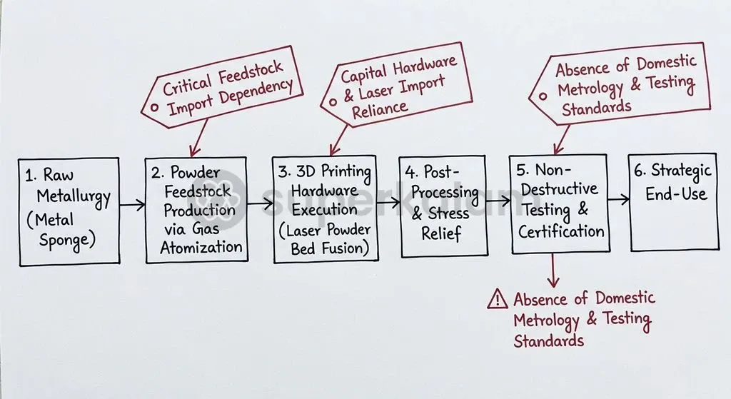 Critical bottlenecks in India's 3D printing ecosystem span foreign feedstock dependencies, closed machine architectures, and certification gaps.