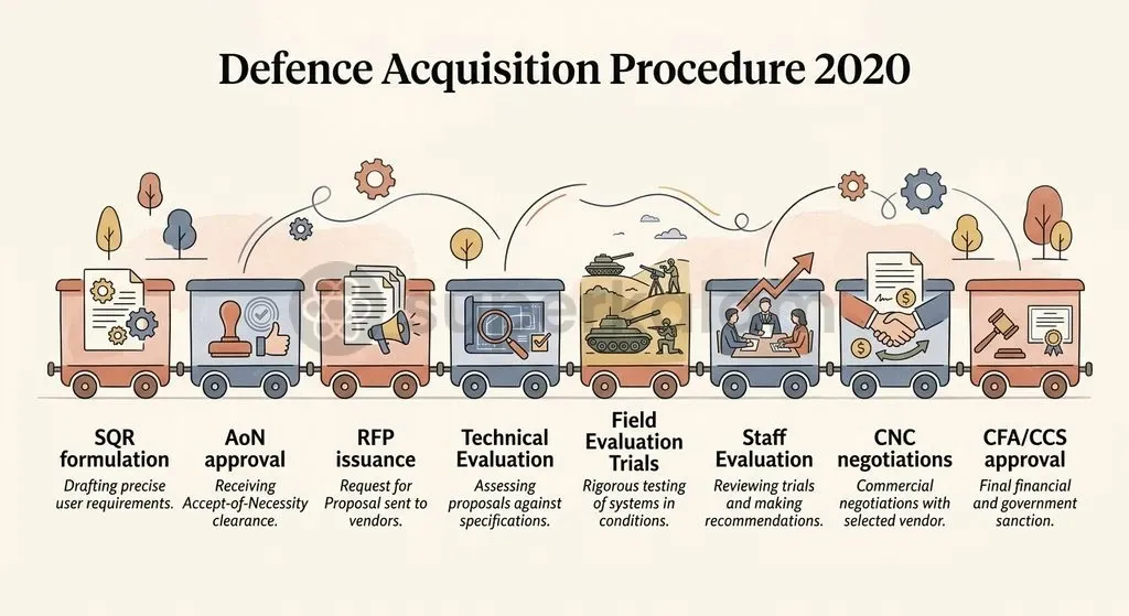 Navigating from Acceptance of Necessity to contract signing involves multiple technical evaluations, field trials, and financial clearances.