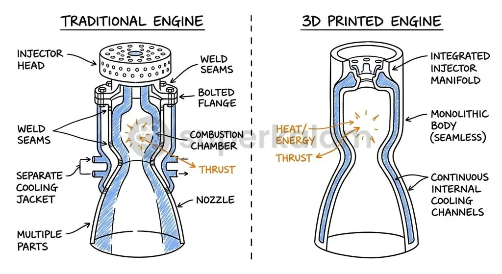 Metal additive manufacturing enables the fabrication of monolithic rocket engines, eliminating mechanical joints and reducing production lead times.