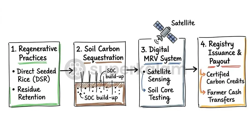 The agricultural carbon credit lifecycle connects farm-level conservation to international voluntary markets through verification and registry auditing.