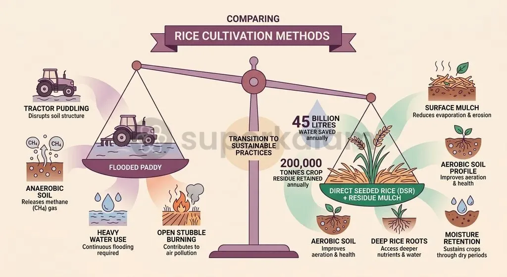 Transitioning from flooded puddling to Direct Seeded Rice disrupts anaerobic methane formation and drastically cuts groundwater consumption.