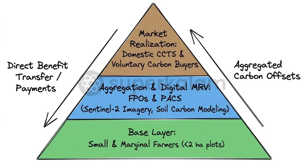 Aggregating smallholder farmlands through FPOs and digital MRV tools overcomes the high unit costs of soil sampling and prevents intermediary rent-seeking.