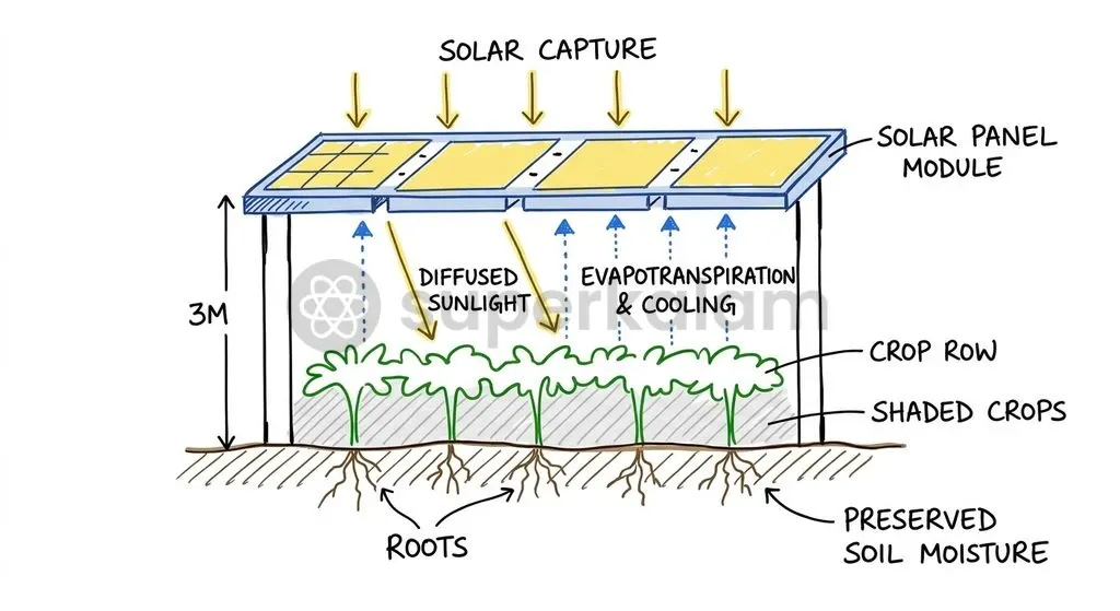 Engineered pitch spacing allows 70 percent of incident solar radiation to reach crops, while plant transpiration cools overlying modules.
