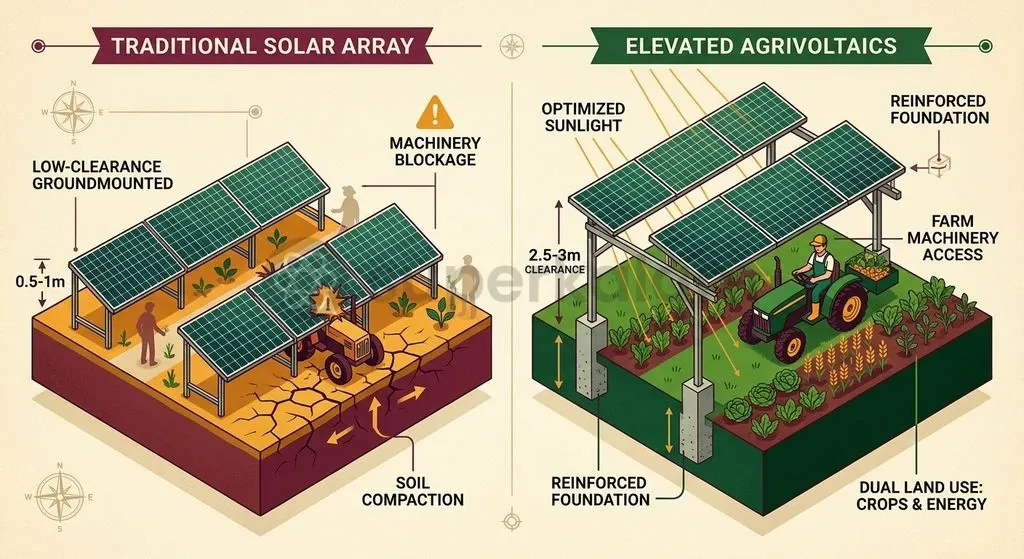 Elevating solar arrays to 2.5–3 metres permits tractor movement and crop cultivation but increases balance-of-system structural costs by 20 to 30 percent.