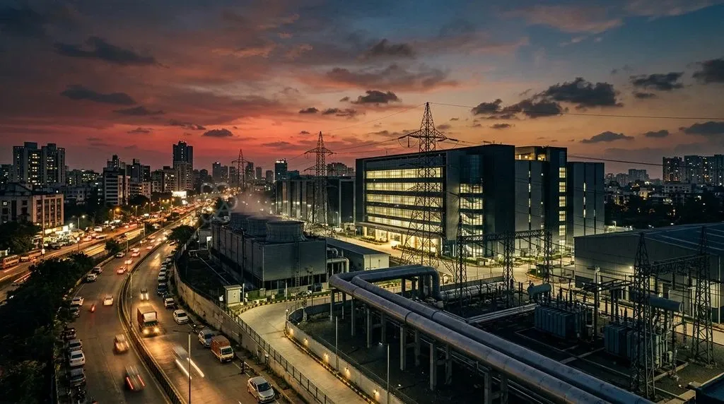 A modern hyperscale data centre campus at twilight with cooling towers and power transmission lines in India