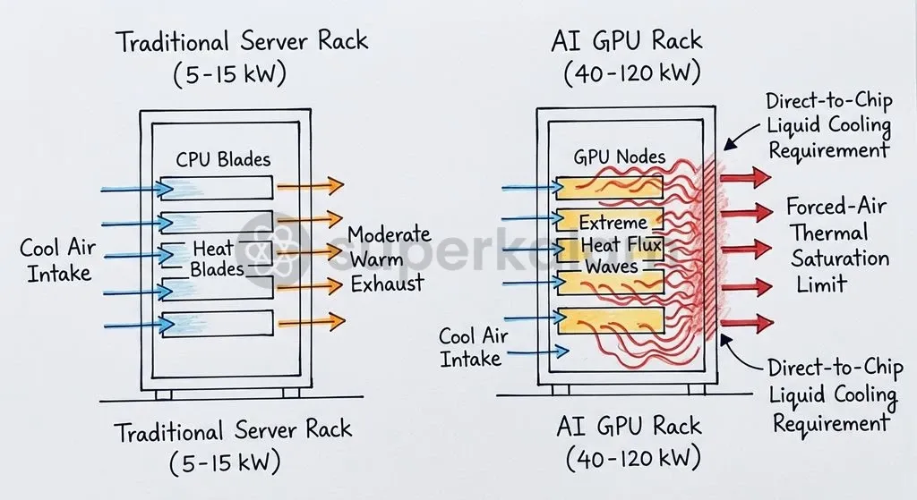 AI workloads drastically increase rack power density from standard 5-15 kW levels up to 120+ kW, demanding advanced thermal management.