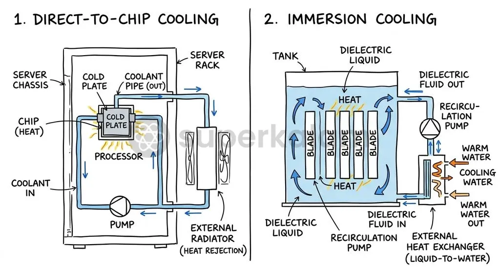 Direct liquid cooling and dielectric immersion utilize high thermal conductivity fluids to drastically lower data centre Power Usage Effectiveness.