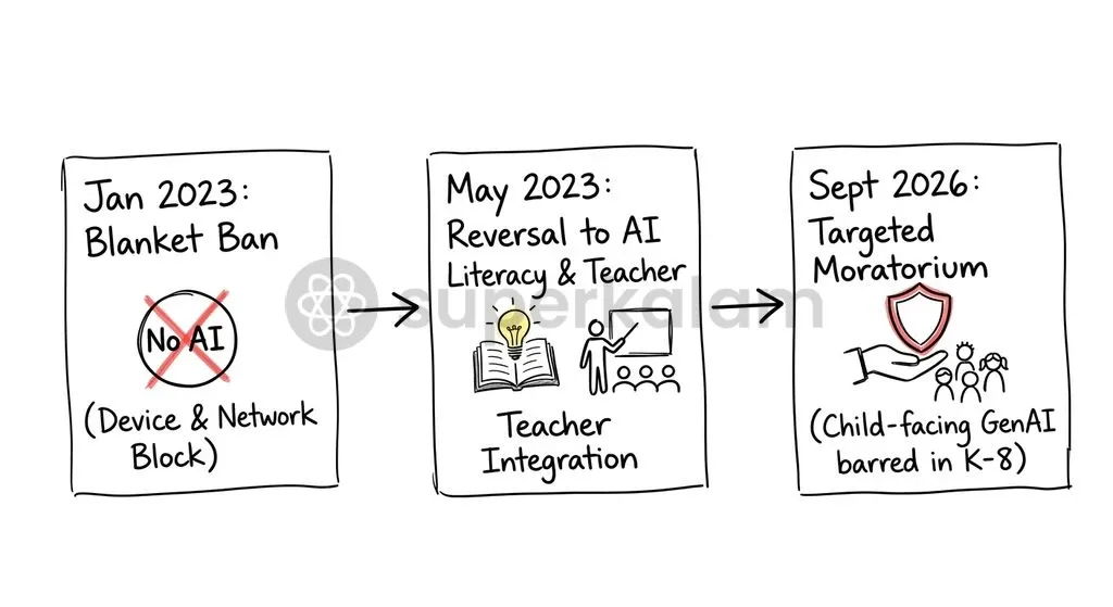 New York City's policy trajectory transitioned from a blanket ban to controlled literacy, culminating in a structured age-based moratorium.