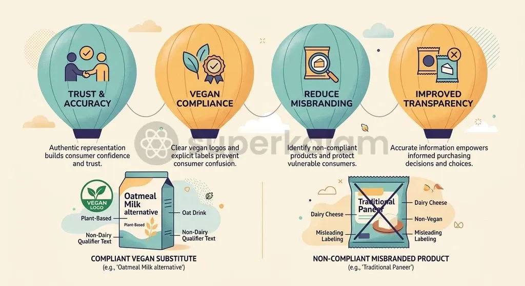 Statutory FSSAI regulations require clear qualifiers and dedicated vegan logos for non-dairy alternatives.