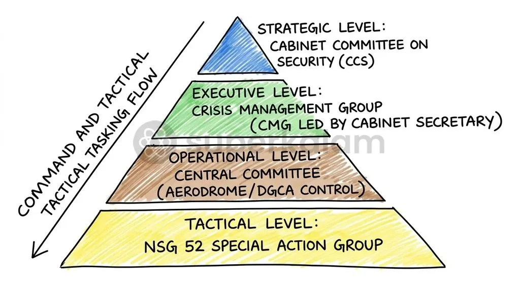 India's counter-hijack operational hierarchy coordinates strategic oversight under the Cabinet Secretariat with tactical strike units.