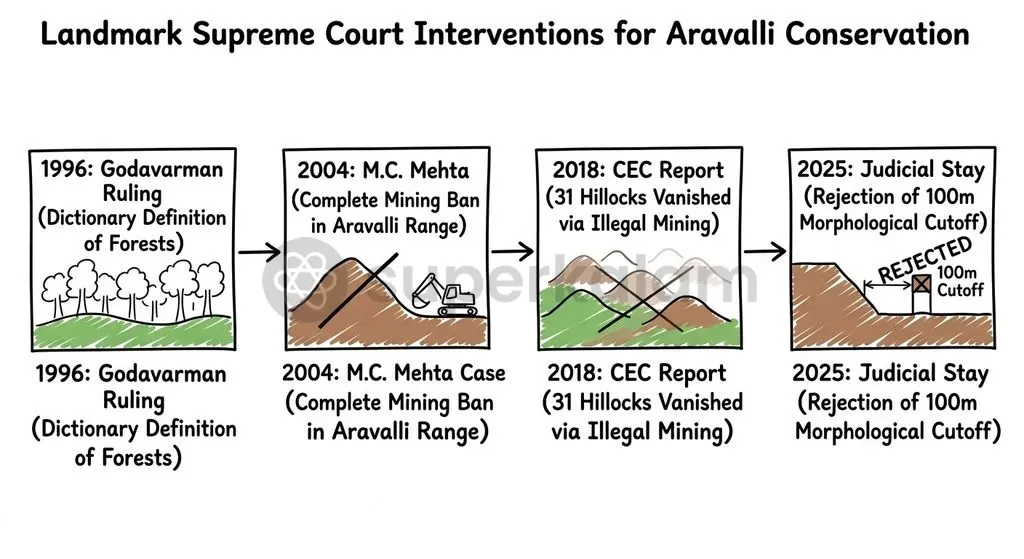Judicial interventions from the 1996 Godavarman judgment to recent mining bans have consistently defended broad ecological definitions over restrictive administrative labels.