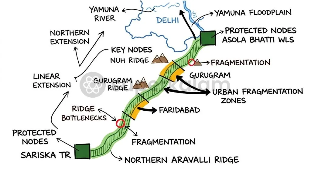 The Northern Aravalli Leopard Corridor links critical wildlife sanctuaries across Rajasthan, Haryana, and Delhi, requiring continuous ecological protection.
