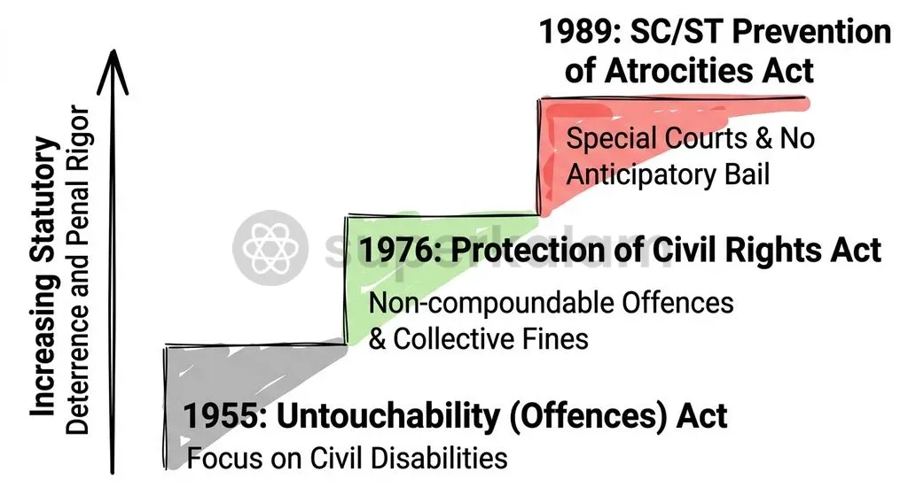 India's penal framework evolved from addressing civil disabilities to imposing stringent criminal penalties for targeted caste-based violence.
