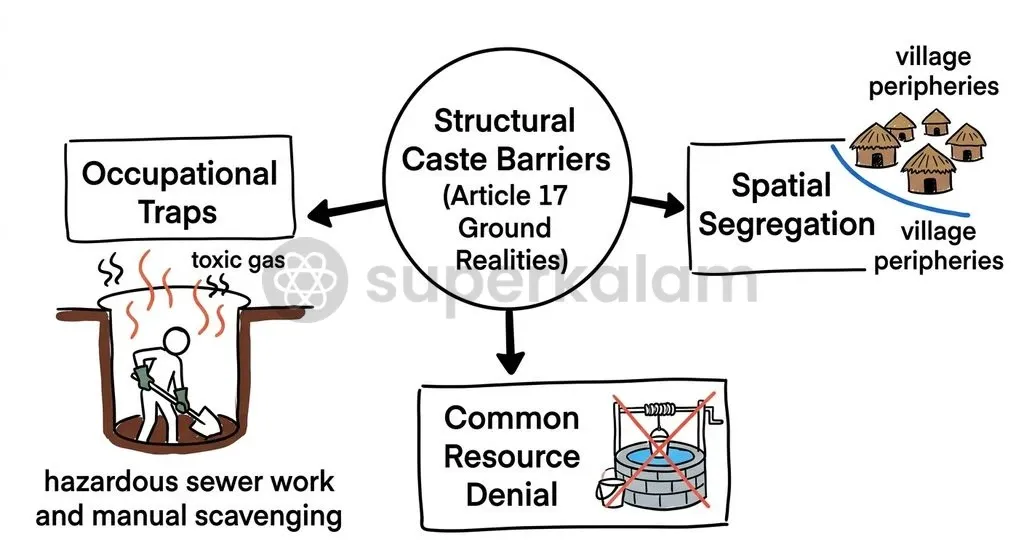 Structural caste manifests in everyday spaces through residential isolation and hazardous sanitation work, resisting simple penal solutions.