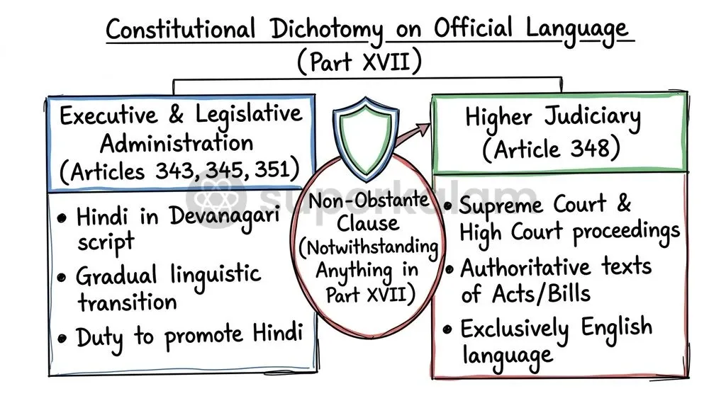Article 348 insulates higher judicial proceedings from general Union official language mandates via a non-obstante clause.