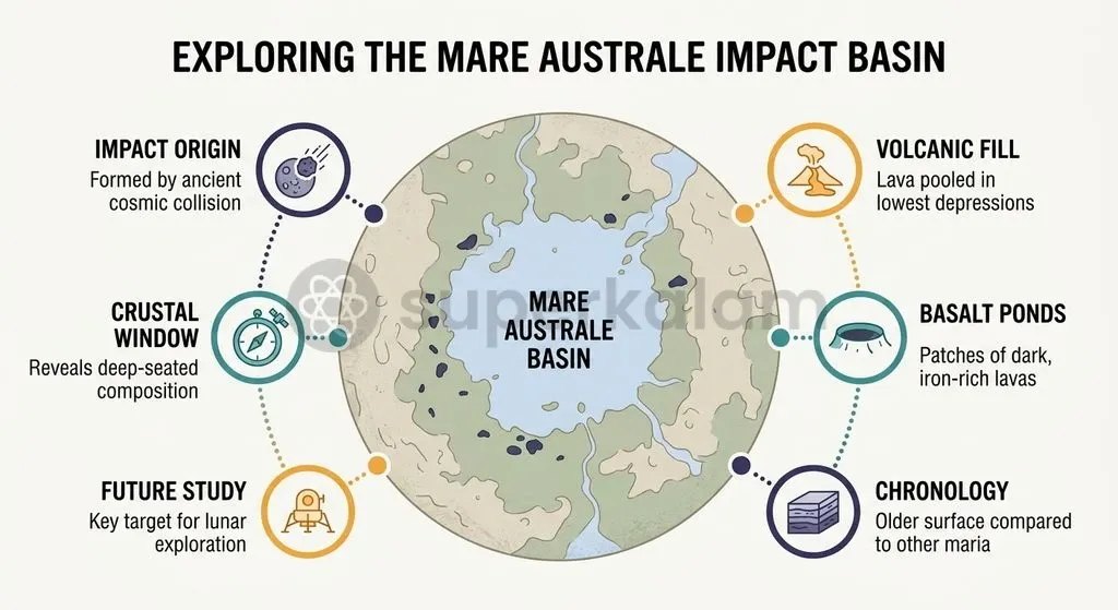 The unique morphology of Mare Australe features over 200 discrete volcanic basalt ponds instead of a continuous lava plain.