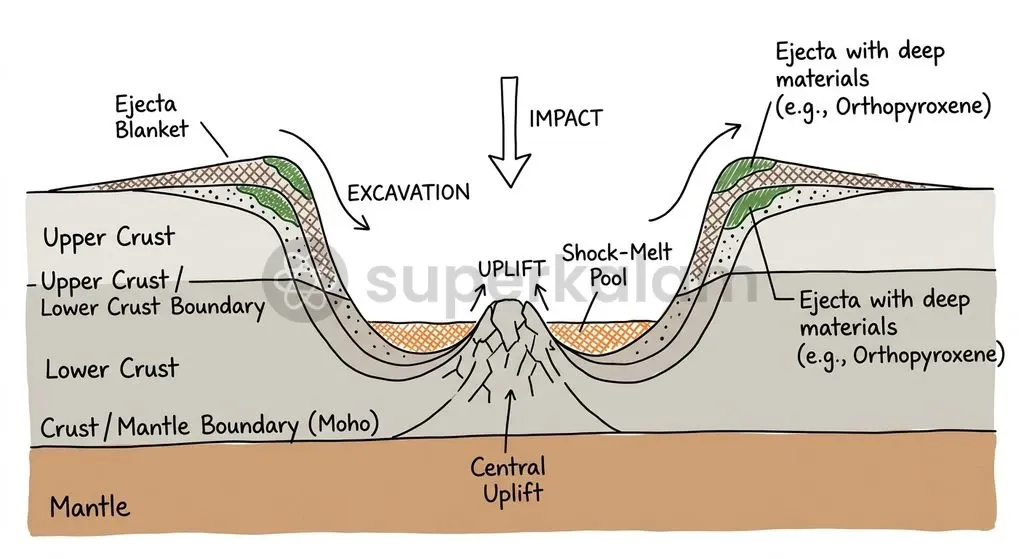 Massive cosmic impacts excavate subsurface crustal minerals, leaving diagnostic orthopyroxene rings that persist despite severe surface erosion.