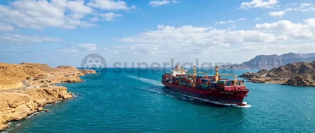 A commercial cargo vessel navigates the critical maritime waters linking the Red Sea to the Gulf of Aden.