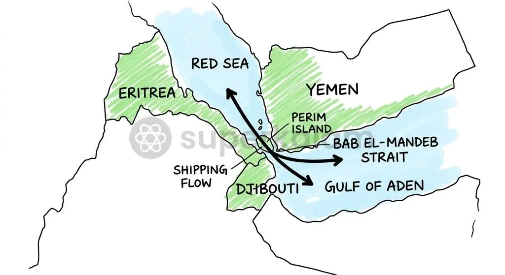Perim Island (Mayyun) bisects the Bab el-Mandeb Strait into the eastern Bab Iskender and the western Dact-el-Mayyun channels.