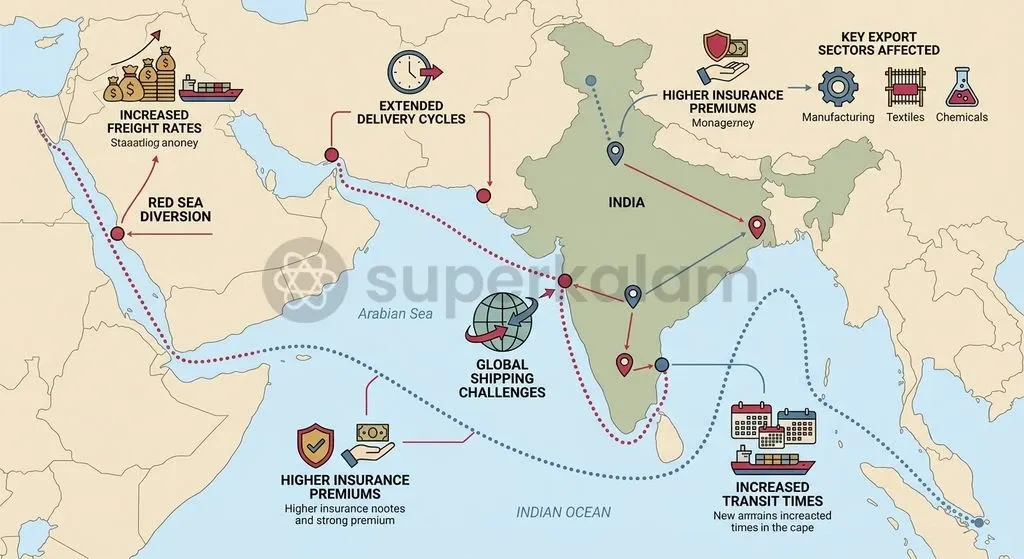 Disruptions along the Bab el-Mandeb corridor impact over half of India's merchandise exports to Europe and North America.