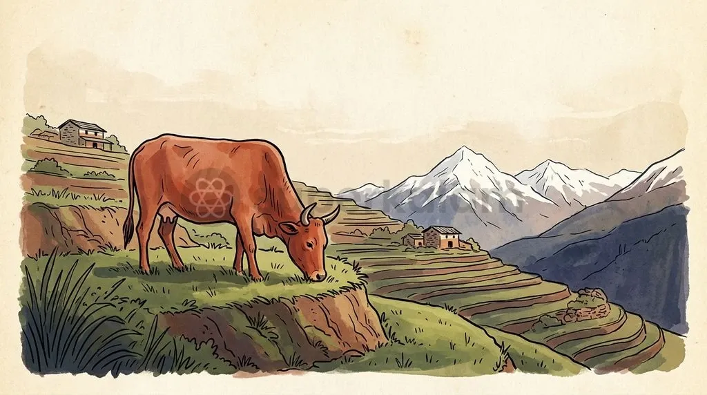 Indigenous Badri cattle grazing on alpine shrubs across Uttarakhand's terraced mountain terrain.