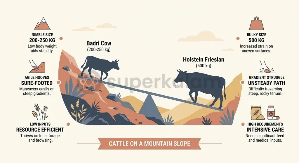 Structural and physiological differences between agile Badri cattle and heavy exotic crossbreeds on steep gradients.