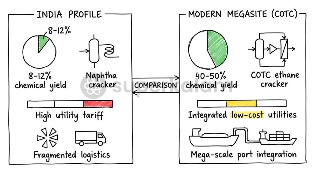 Structural feedstock yield gaps and uncompetitive industrial utility tariffs challenge domestic chemical manufacturing parity.