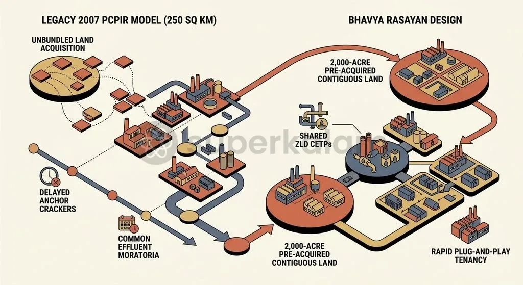 The evolution of Indian chemical industrial policy reflects a shift from unmanageable mega-zones to compact, utility-ready clusters.