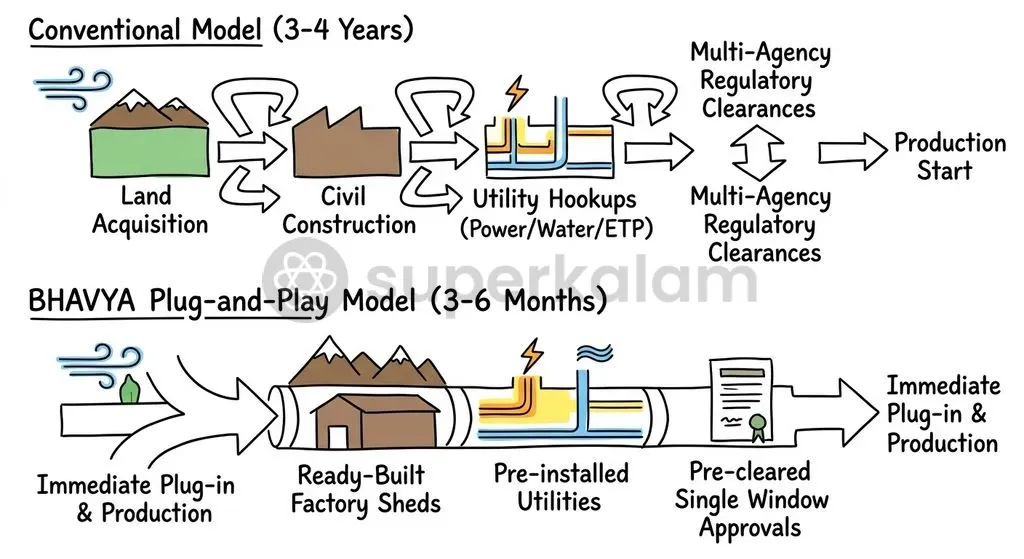 The plug-and-play approach eliminates sequential construction and regulatory delays by preparing pre-cleared industrial shells.