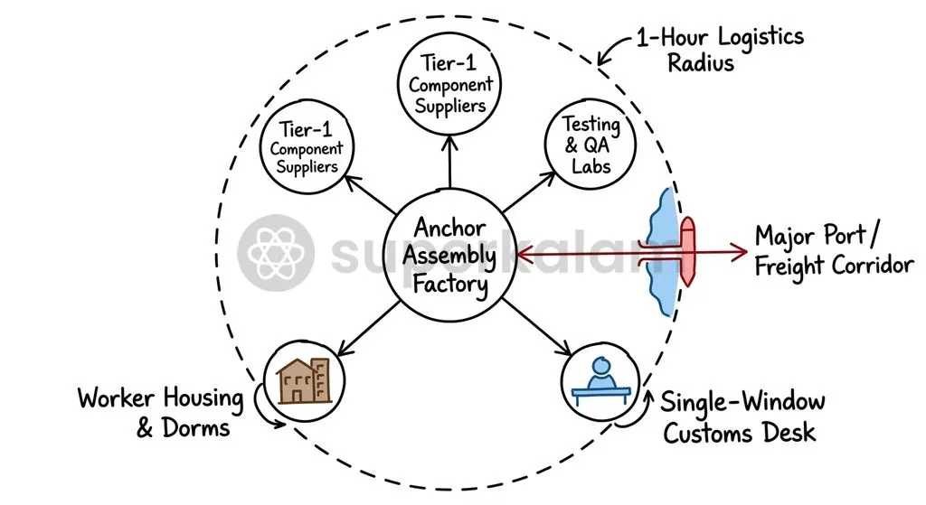 East Asian manufacturing zones thrive on rapid proximity between tier-1 assembly hubs and lower-tier component makers.