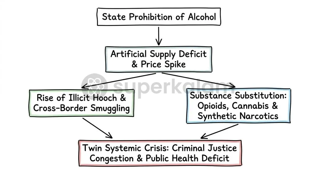 When statutory prohibition eliminates formal alcohol supply without curbing demand, consumers substitute toward potent, concealable narcotics.