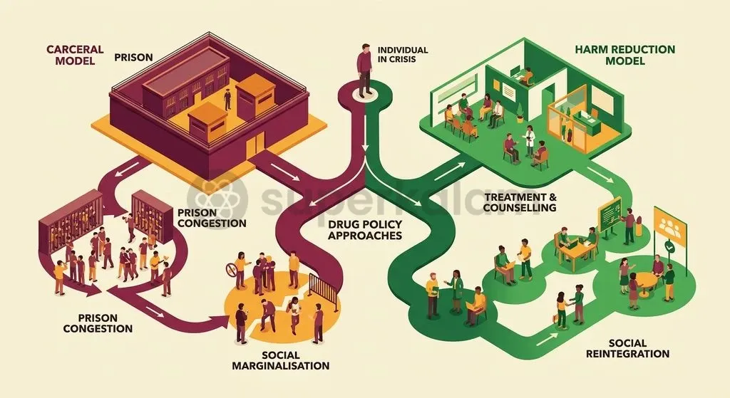 A public health harm reduction approach prioritises medical rehabilitation, substitution therapy, and socio-economic support over retributive criminal justice.