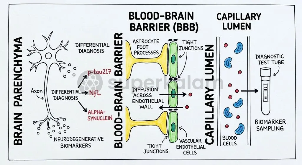 Proteins associated with neurodegenerative damage pass through the blood-brain barrier into peripheral circulation, enabling non-invasive detection via high-sensitivity assays.