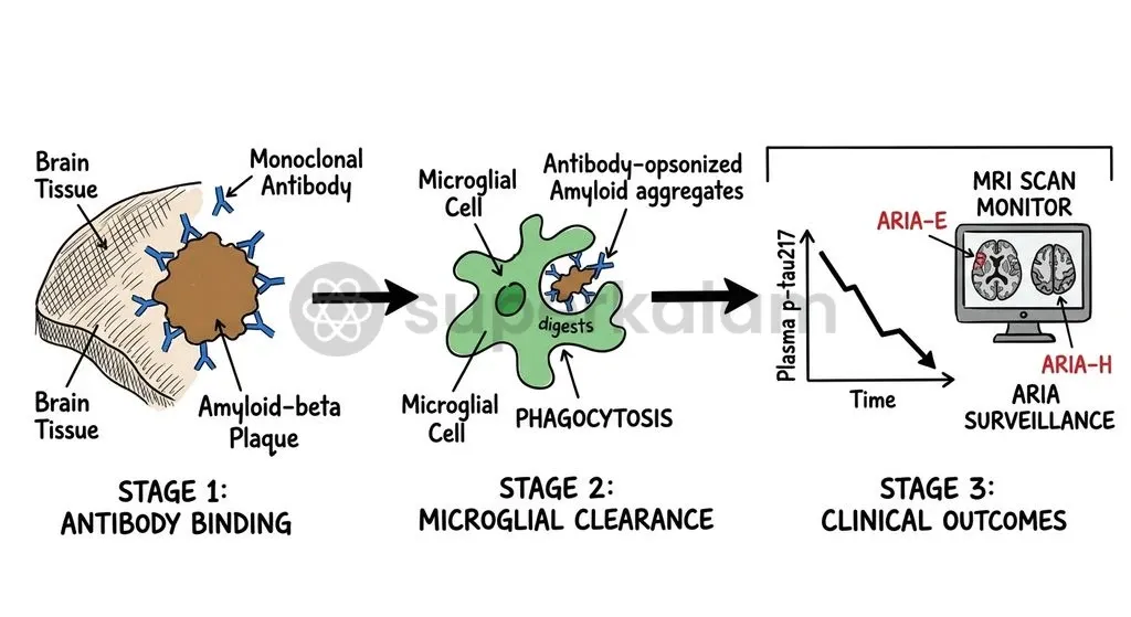 Monoclonal antibody therapies target fibrillar amyloid plaques, triggering downstream reductions in plasma p-tau217 while requiring safety monitoring for ARIA.