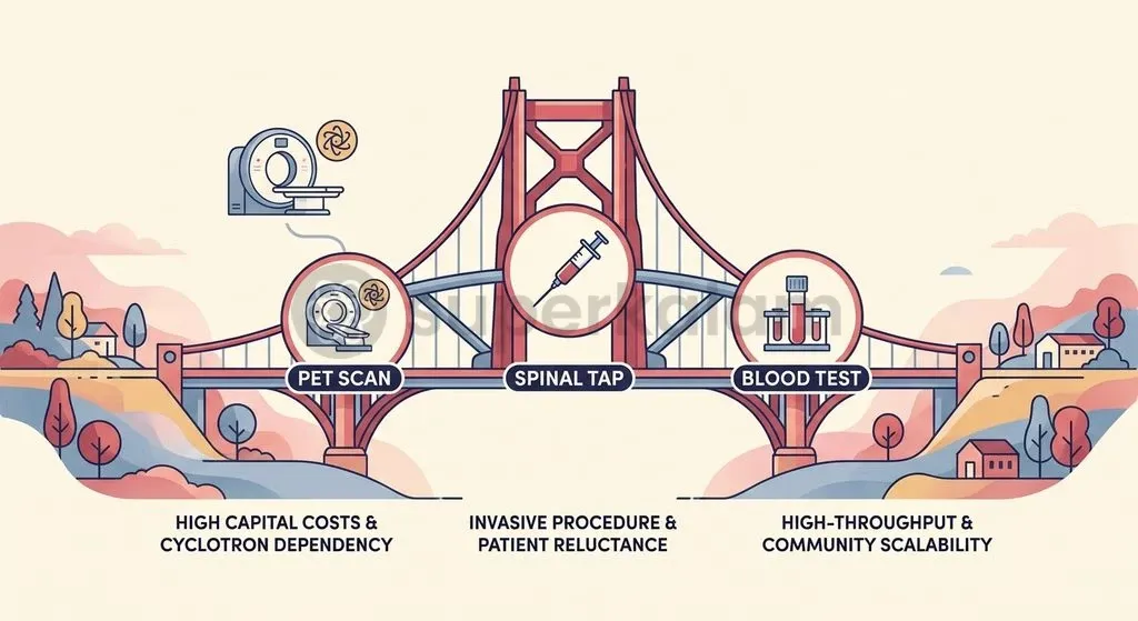 Comparing diagnostic modalities highlights the practical scalability of blood-based biomarkers over high-cost PET imaging and invasive lumbar punctures.