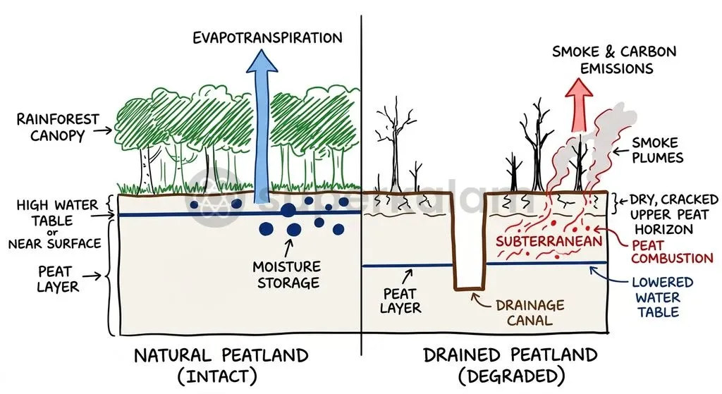 Canal drainage lowers the peat water table, transforming moist soil into a combustible fuel bed that sustains subterranean fires for months.