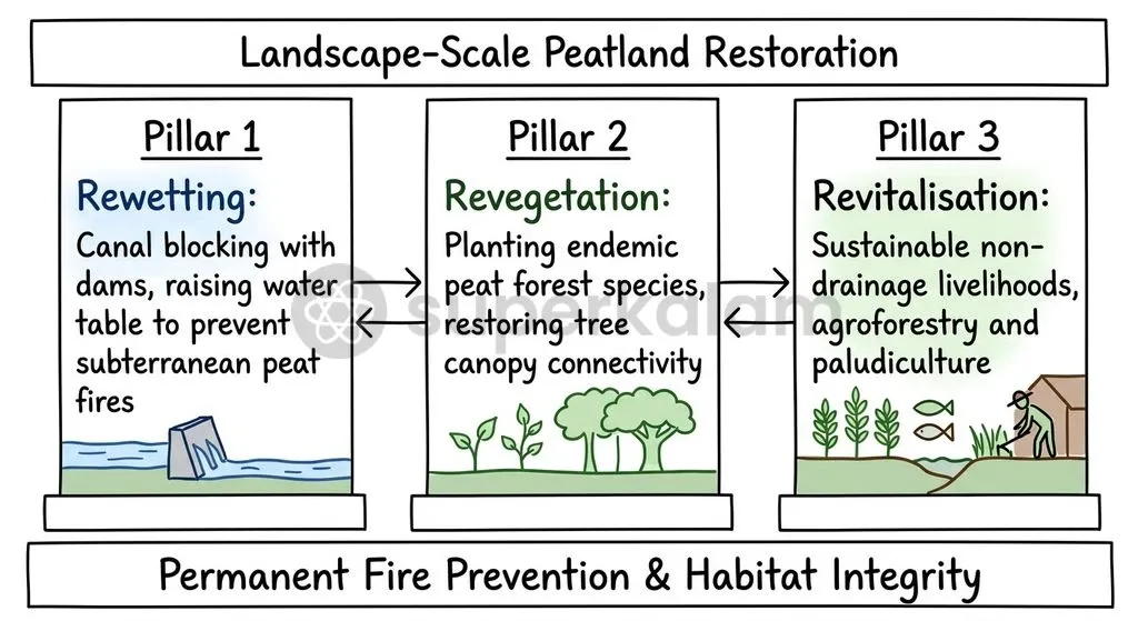 Ecological restoration of tropical peat domes requires combining canal blocking, natural canopy revegetation, and economic revitalisation.