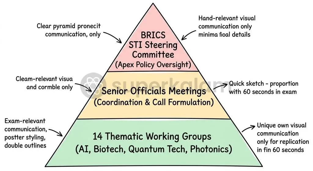 The BRICS STI institutional architecture coordinates policy, oversight, and execution across three operational tiers.