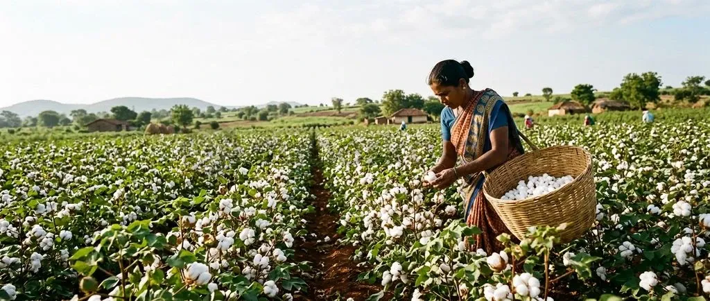 A mature cotton field in central India highlights the intersection of modern agricultural biotechnology and environmental regulation.