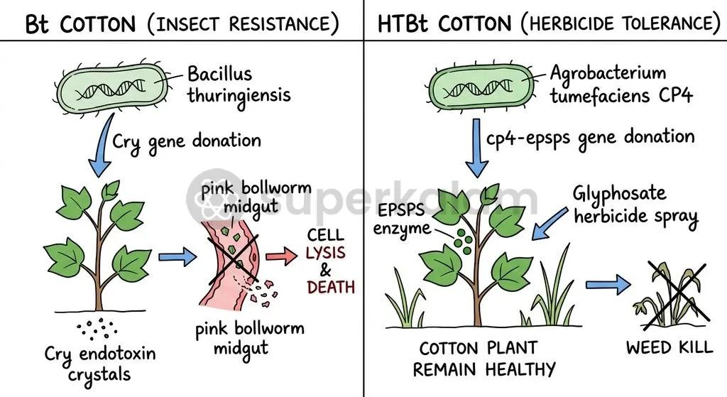 Bt cotton targets chewing pests via biological endotoxins, while HTBt varieties express bacterial enzymes that neutralize broad-spectrum chemical herbicides.