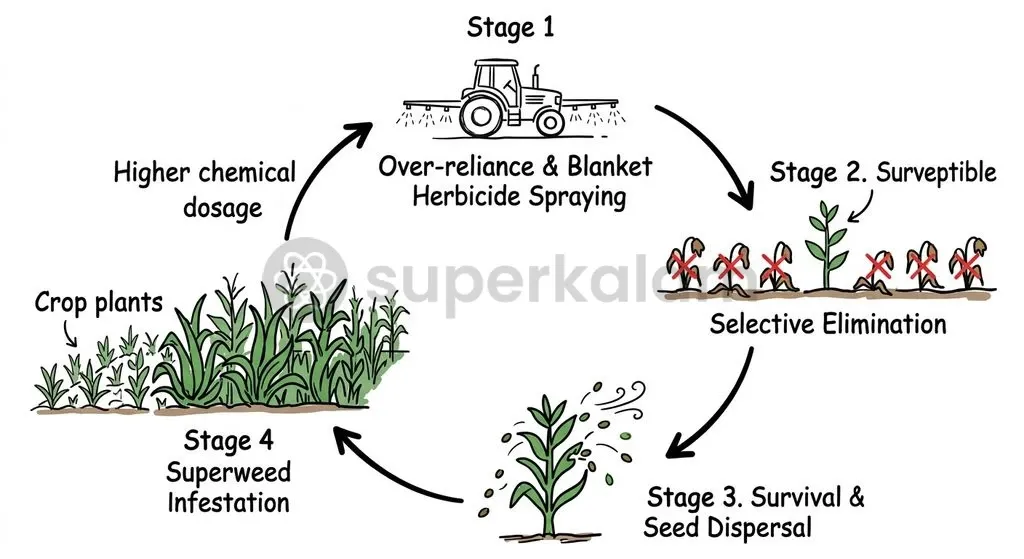 Repetitive application of broad-spectrum herbicides drives rapid evolutionary selection pressure, accelerating the emergence of resistant superweeds.