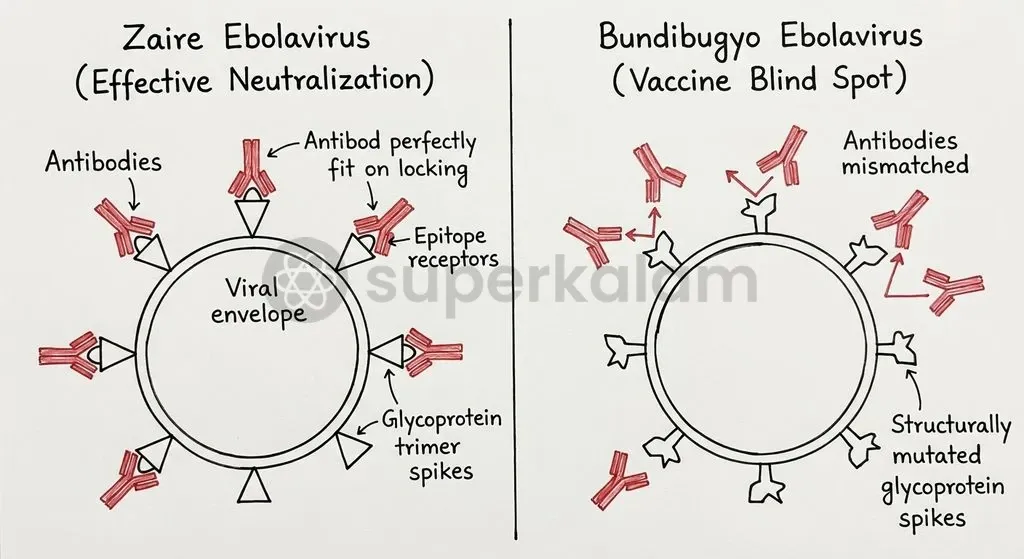 A 35 percent amino acid divergence across surface glycoproteins prevents Zaire-specific antibodies from binding to the Bundibugyo viral envelope.