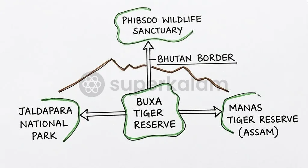 Buxa Tiger Reserve acts as a central transboundary hinge connecting protected areas across West Bengal, Assam, and Bhutan.