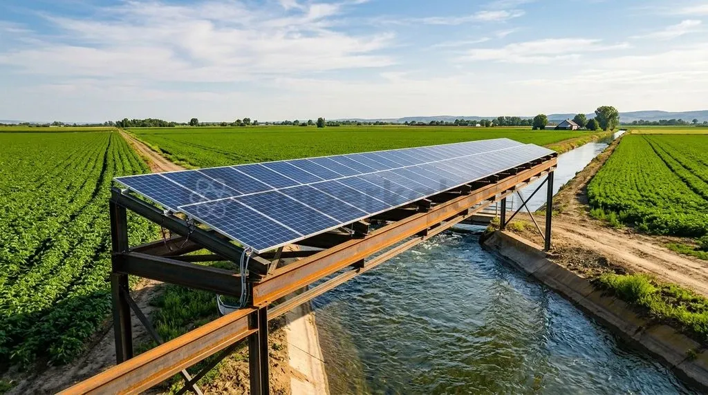 Canal-top solar arrays generate renewable electricity while conserving critical water resources across agrarian landscapes.