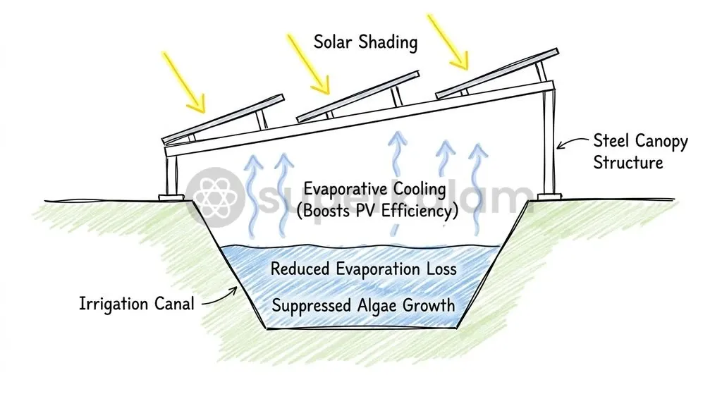 The dual thermodynamic mechanism of canal solar: evaporative cooling enhances panel efficiency while solar shading blocks water evaporation and weed growth.