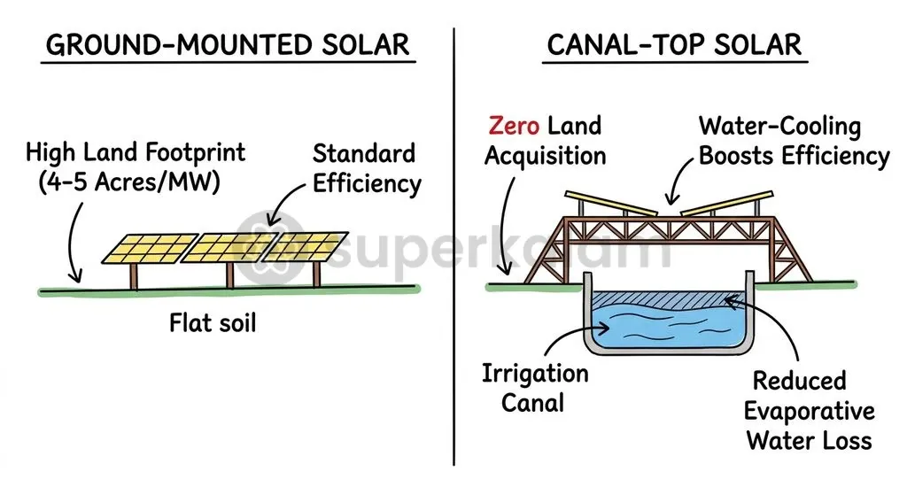 Comparing physical and economic parameters between conventional ground-mounted solar parks and canal-top photovoltaic installations.