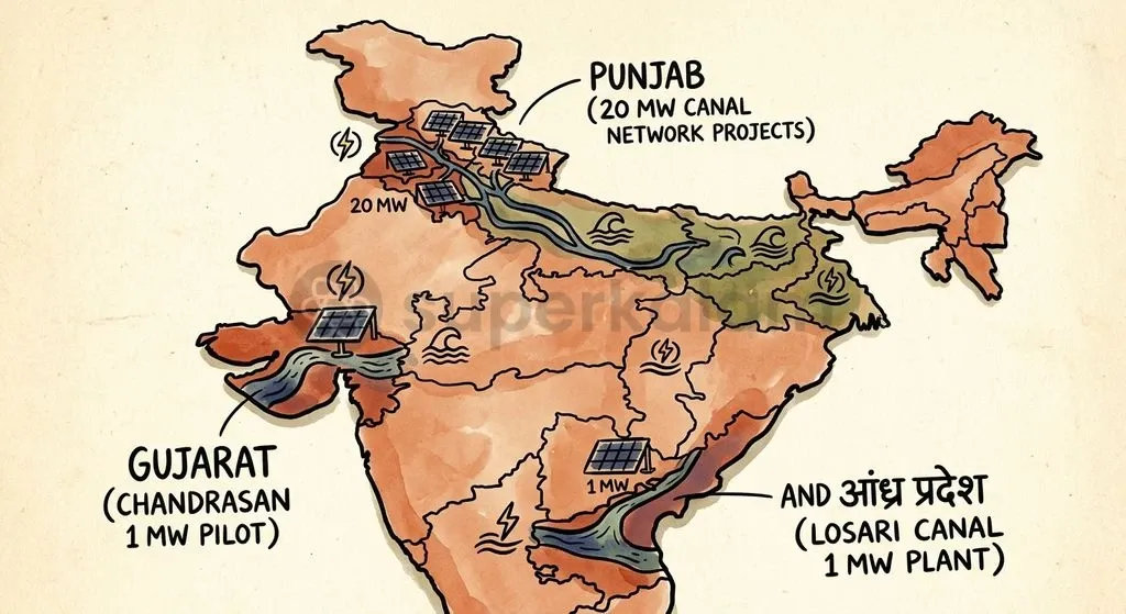State-level canal solar initiatives across India highlight diverse regional engineering and capacity deployments.
